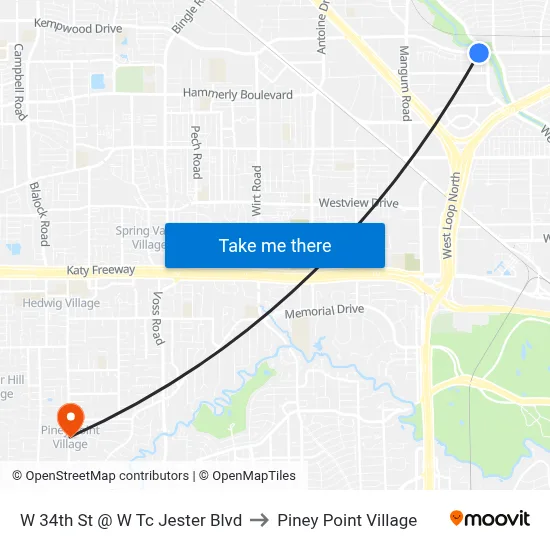 W 34th St @ W Tc Jester Blvd to Piney Point Village map