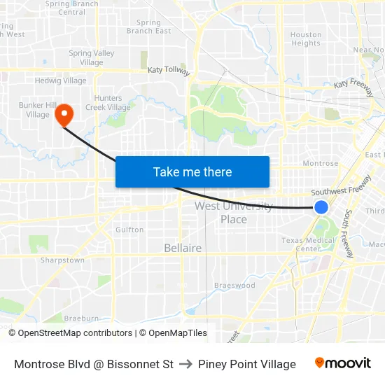 Montrose Blvd @ Bissonnet St to Piney Point Village map