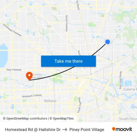 Homestead Rd @ Hallshire Dr to Piney Point Village map