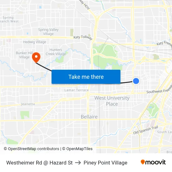 Westheimer Rd @ Hazard St to Piney Point Village map