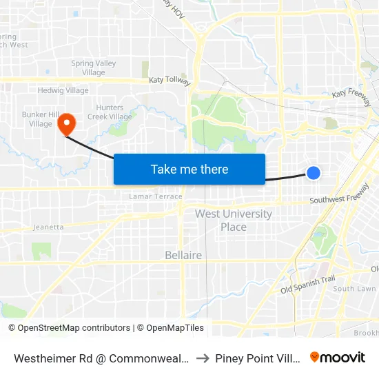 Westheimer Rd @ Commonwealth St to Piney Point Village map