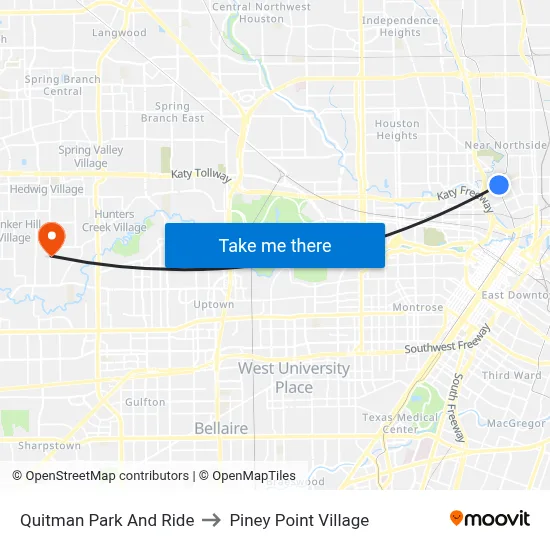 Quitman Park And Ride to Piney Point Village map