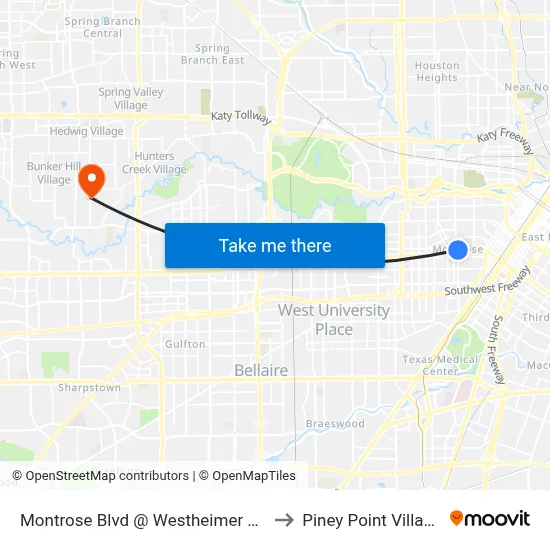 Montrose Blvd @ Westheimer Rd to Piney Point Village map