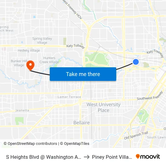 S Heights Blvd @ Washington Ave to Piney Point Village map