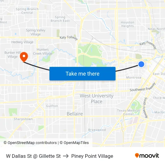 W Dallas St @ Gillette St to Piney Point Village map
