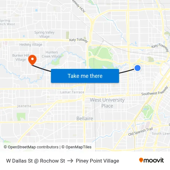 W Dallas St @ Rochow St to Piney Point Village map