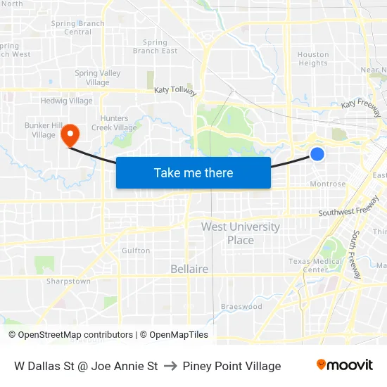 W Dallas St @ Joe Annie St to Piney Point Village map