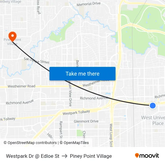 Westpark Dr @ Edloe St to Piney Point Village map