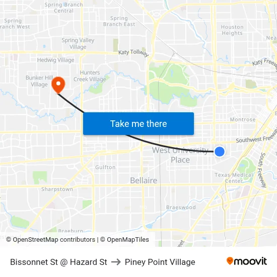 Bissonnet St @ Hazard St to Piney Point Village map