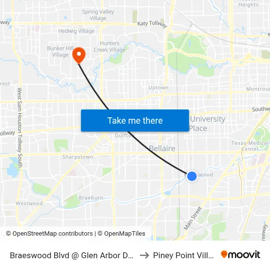 Braeswood Blvd @ Glen Arbor Dr MB to Piney Point Village map