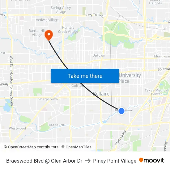 Braeswood Blvd @ Glen Arbor Dr to Piney Point Village map