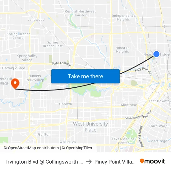 Irvington Blvd @ Collingsworth St to Piney Point Village map