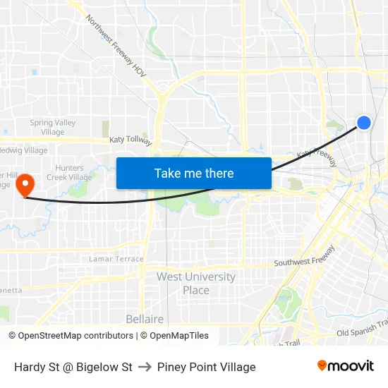 Hardy St @ Bigelow St to Piney Point Village map