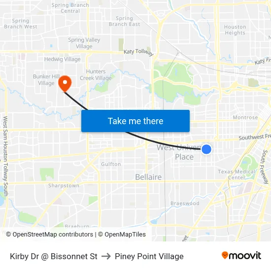 Kirby Dr @ Bissonnet St to Piney Point Village map