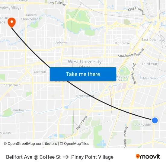 Bellfort Ave @ Coffee St to Piney Point Village map
