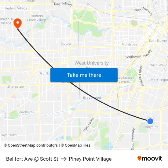 Bellfort Ave @ Scott St to Piney Point Village map