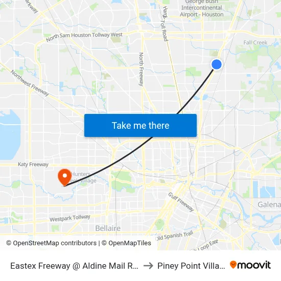 Eastex Freeway   @ Aldine Mail Rout to Piney Point Village map