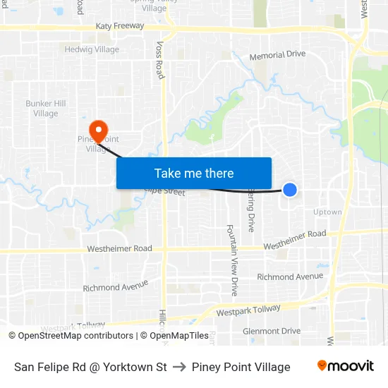 San Felipe Rd @ Yorktown St to Piney Point Village map