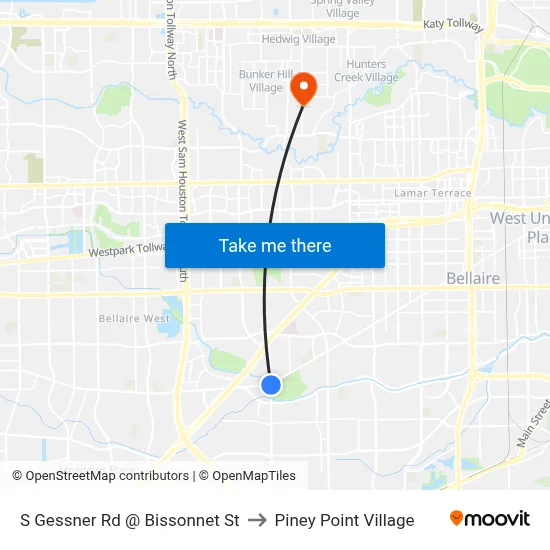 S Gessner Rd @ Bissonnet St to Piney Point Village map