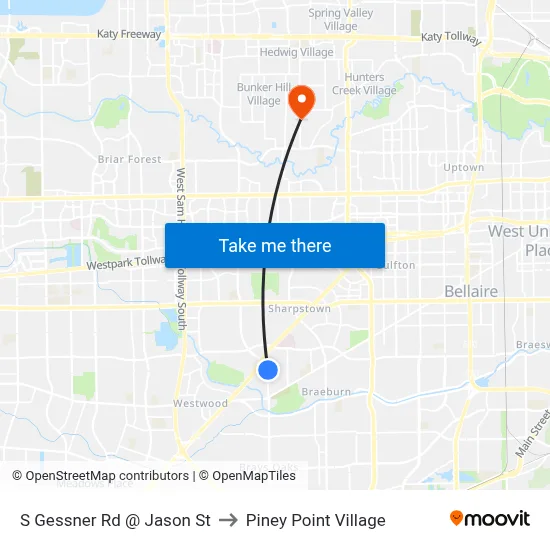 S Gessner Rd @ Jason St to Piney Point Village map