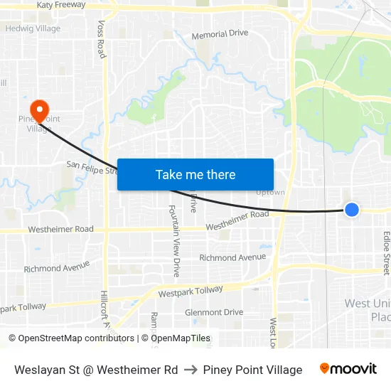 Weslayan St @ Westheimer Rd to Piney Point Village map