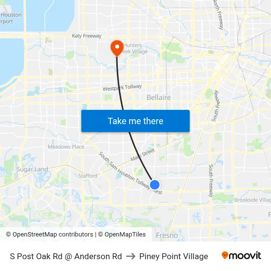 S Post Oak Rd @ Anderson Rd to Piney Point Village map