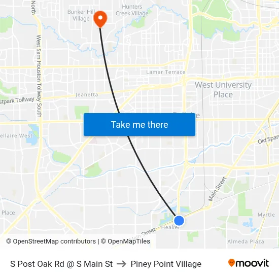 S Post Oak Rd @ S Main St to Piney Point Village map