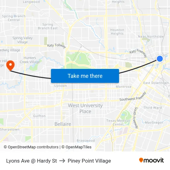 Lyons Ave @ Hardy St to Piney Point Village map