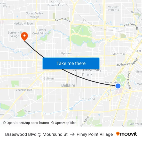 Braeswood Blvd @ Moursund St to Piney Point Village map