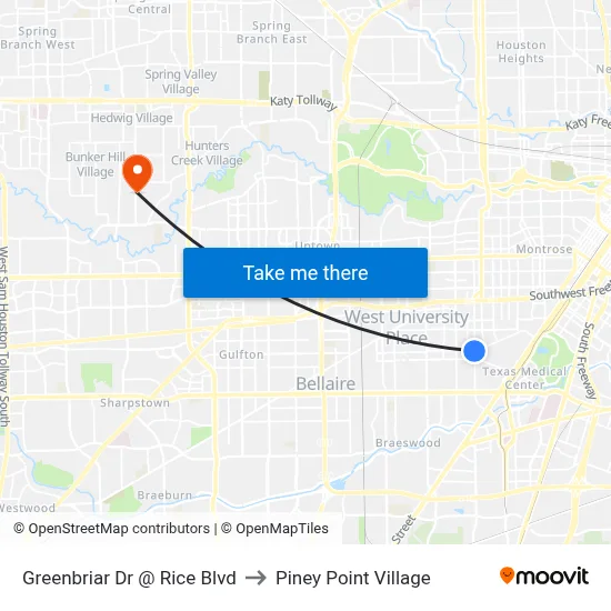 Greenbriar Dr @ Rice Blvd to Piney Point Village map
