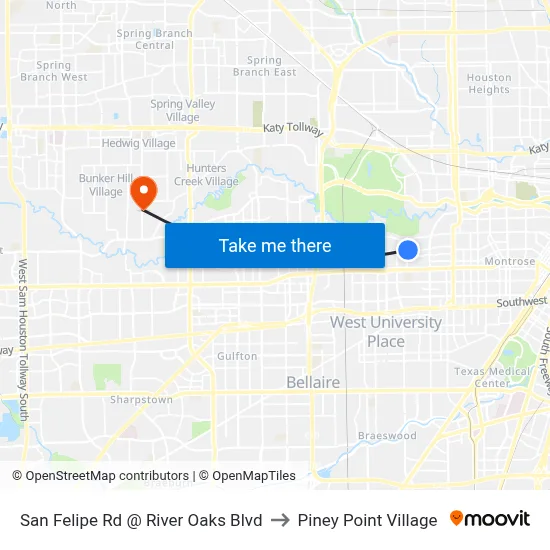 San Felipe Rd @ River Oaks Blvd to Piney Point Village map