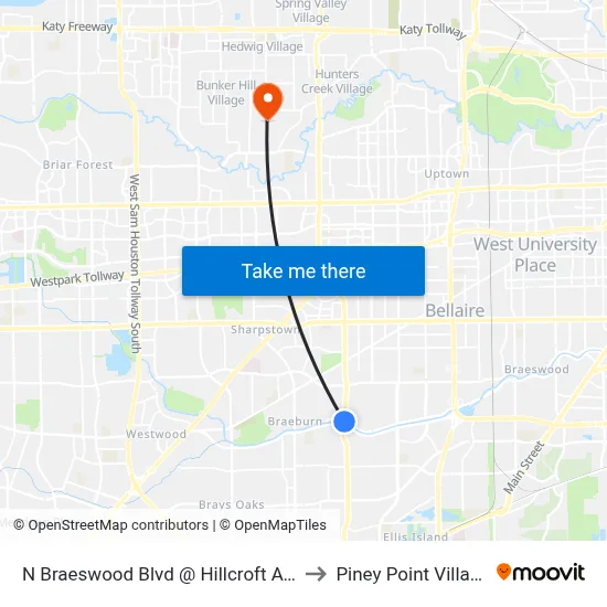 N Braeswood Blvd @ Hillcroft Ave to Piney Point Village map
