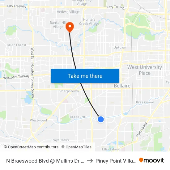 N Braeswood Blvd @ Mullins Dr MB to Piney Point Village map