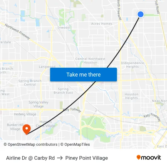 Airline Dr @ Carby Rd to Piney Point Village map