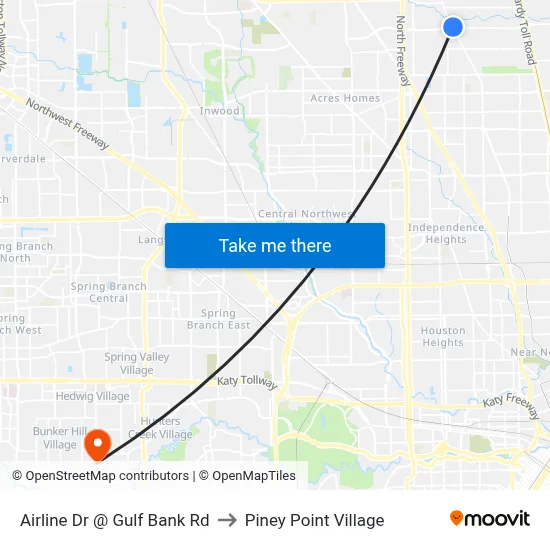 Airline Dr @ Gulf Bank Rd to Piney Point Village map