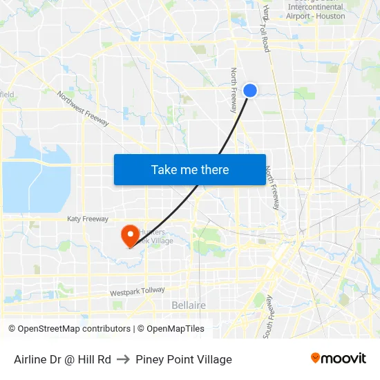 Airline Dr @ Hill Rd to Piney Point Village map