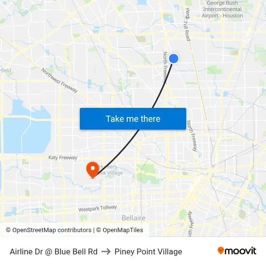 Airline Dr @ Blue Bell Rd to Piney Point Village map