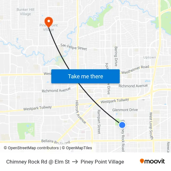 Chimney Rock Rd @ Elm St to Piney Point Village map