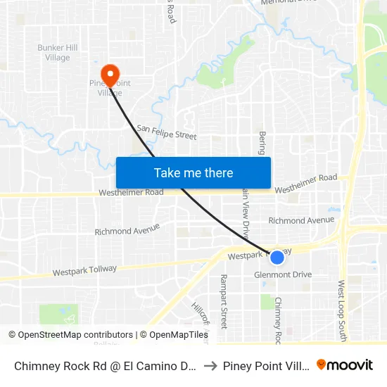 Chimney Rock Rd @ El Camino Del Rey to Piney Point Village map