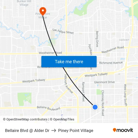 Bellaire Blvd @ Alder Dr to Piney Point Village map