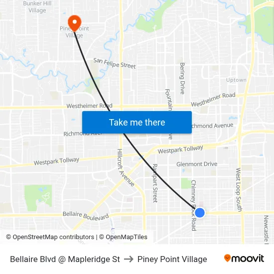 Bellaire Blvd @ Mapleridge St to Piney Point Village map
