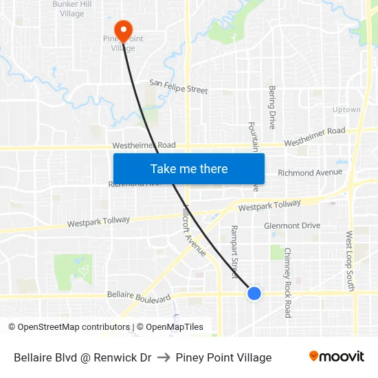 Bellaire Blvd @ Renwick Dr to Piney Point Village map