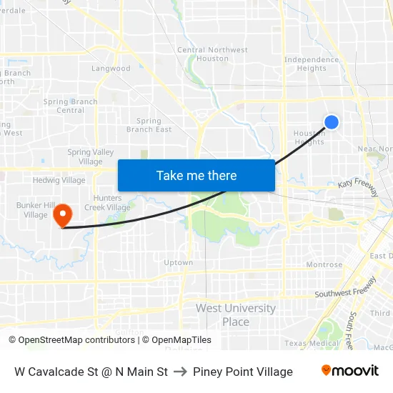 W Cavalcade St @ N Main St to Piney Point Village map