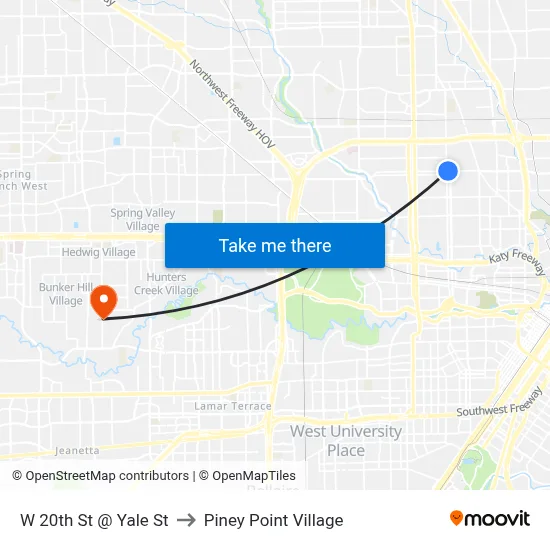 W 20th St @ Yale St to Piney Point Village map