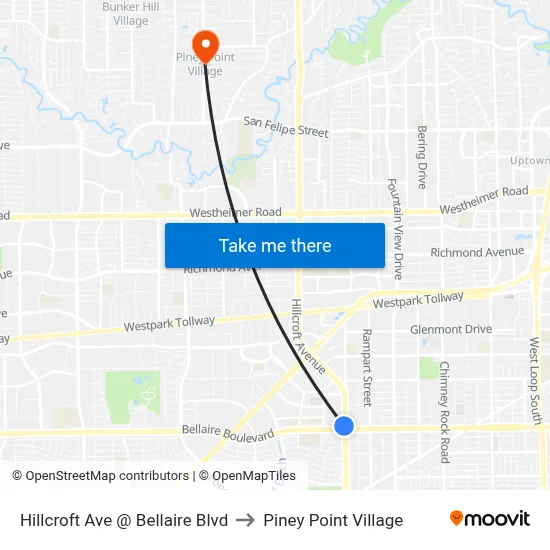 Hillcroft Ave @ Bellaire Blvd to Piney Point Village map