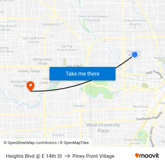 Heights Blvd @ E 14th St to Piney Point Village map