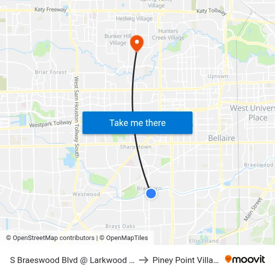 S Braeswood Blvd @ Larkwood Dr to Piney Point Village map