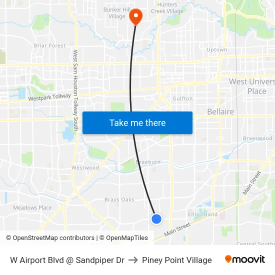 W Airport Blvd @ Sandpiper Dr to Piney Point Village map
