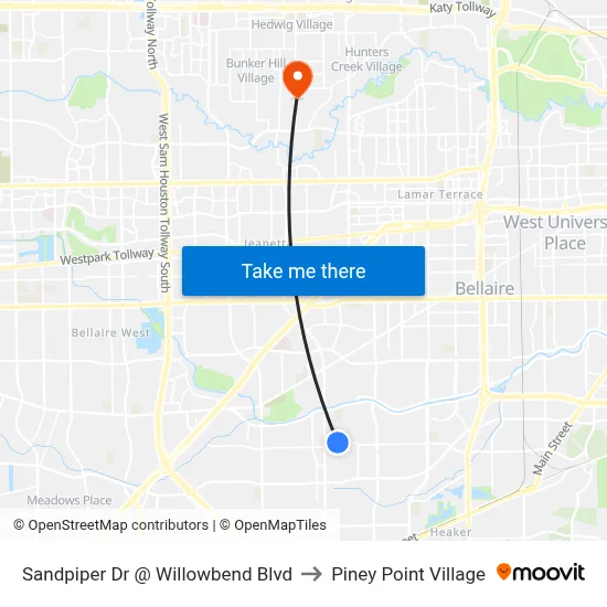 Sandpiper Dr @ Willowbend Blvd to Piney Point Village map