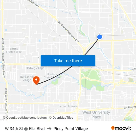 W 34th St @ Ella Blvd to Piney Point Village map